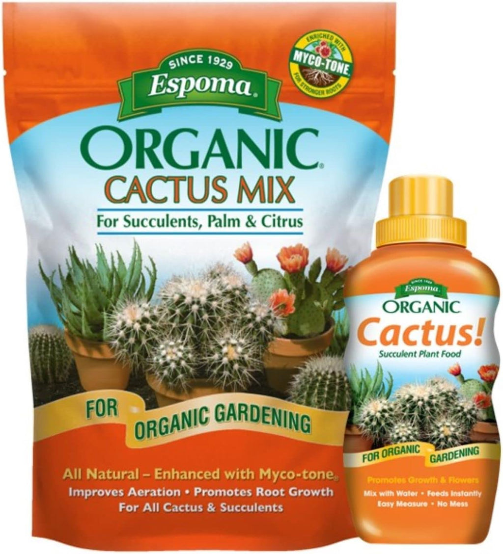 Espoma Organic Cactus Soil Mix 4qt Bag and Cactus! Liquid Plant Food Concentrate 8oz Bottle. Use for Cactus & Succulents - for Organic Gardening - Combo Pack