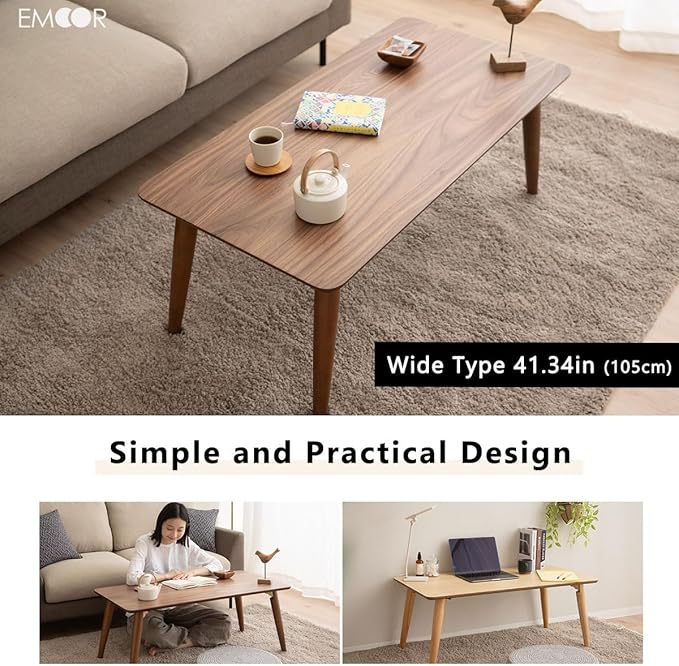 EMOOR Wood Folding Coffee Table Rectangle Large (20.5"x41.3") Walnut, Floor Sitting Low Table Small Space Minimalist Japanese Tatami Room