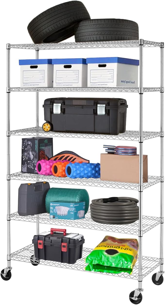 PayLessHere Commercial Grade 6 Tier Adjustable Storage Shelf Heavy Duty Metal Shelf NSF Certified Wire Shelving Unit with Wheels 6000LBS Capacity 18" D x 48" W x 72" H,Chrome