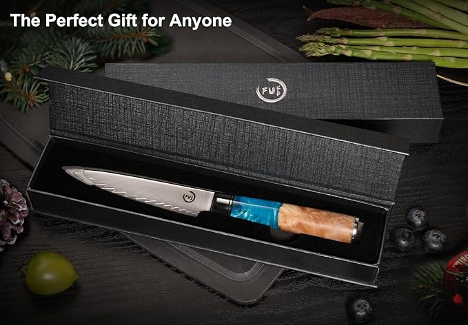 5 Inch Kitchen Utility Knife, Damascus Paring Knives,Japanese VG10 Steel Damascus Fruit Knife-Ergonomic Blue Resin Handle Ideal Birthday Gift for Men and Women