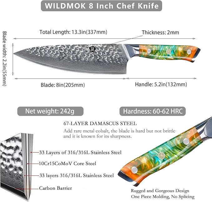 WILDMOK Chef Knife,8 inch Damascus Japanese kitchen knives,VG10 Steel&Resin Handle Chef Knife,Hammered Finish chef's knives,Japanese damascus knife Including Gift Box