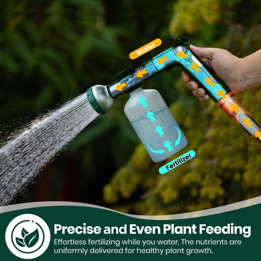 VENETIO 8-Dial Hose Attachment Spray Gun for Liquid Fertilizer/Soap | Precision Lawn & Garden Feeder for Uniform Fertilizing and Watering Plants | Hose-End Nozzle Sprayer with 16oz Bottle