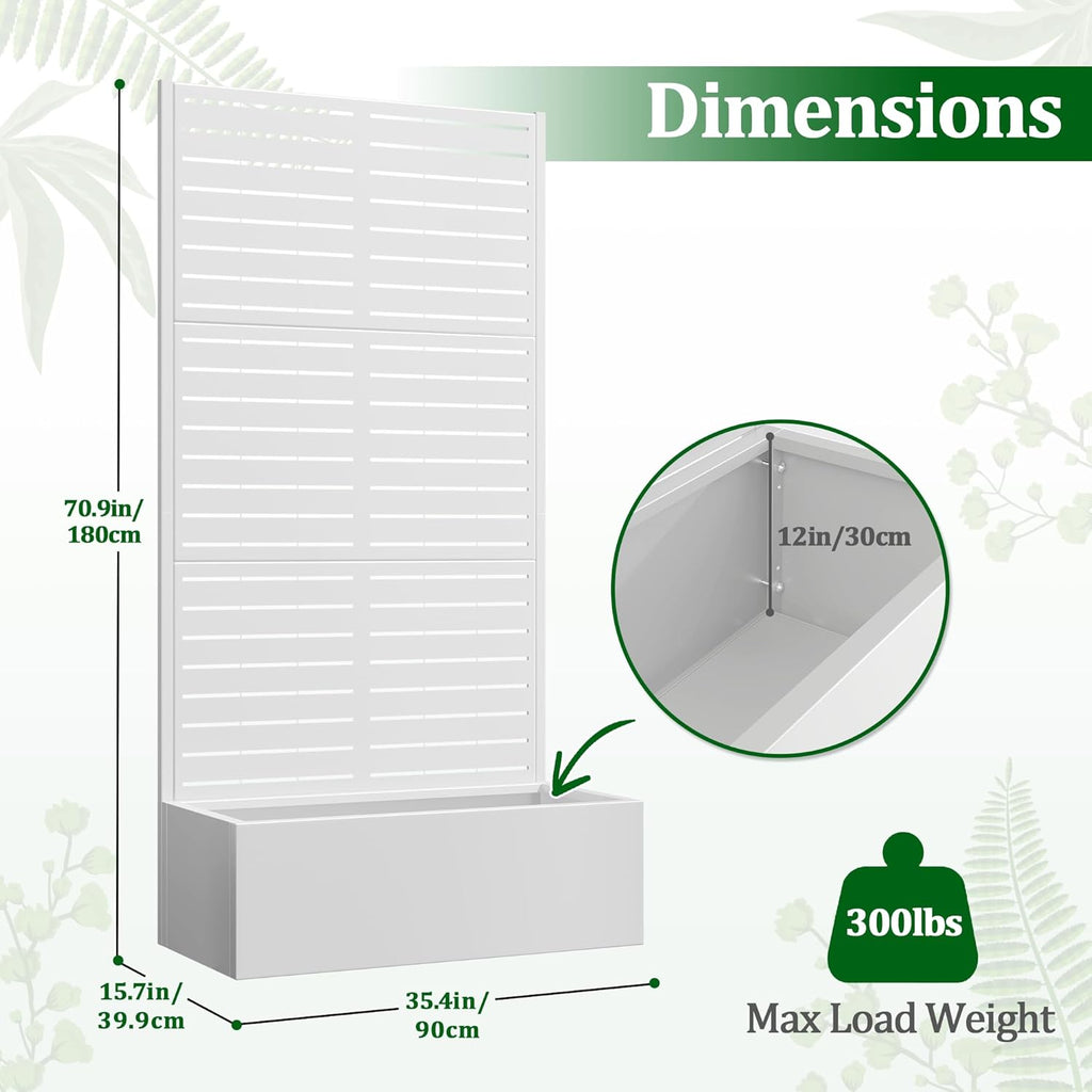 Metal Raised Garden Bed with Trellis, 2 in 1 Trellis with Planter Box & Privacy Screen for Climbing Plants, Vine, Outdoor Standing Flower Beds with Drainage Holes, 35.4"L x 15.7"W x 70.9"H, White