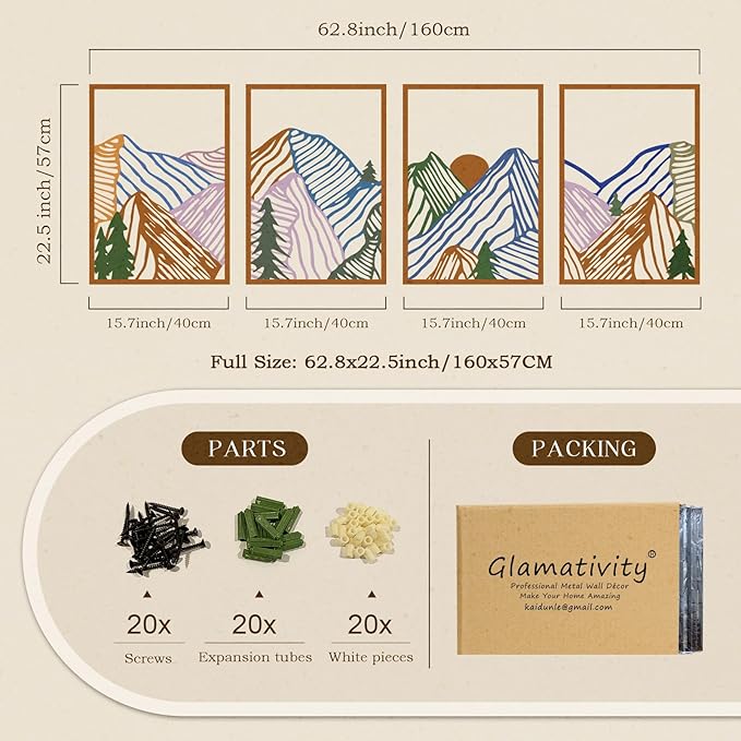 Glamativity 4 Pcs Colorful And Black Double-Sided Abstract Mountain Metal Wall Art , Mountain Line Art Décor, 3D Textured Minimalist Wall Decor, Rustic Nature Wall Décor for Living Room Bedroom Study (L Size 22.5x15.7'')