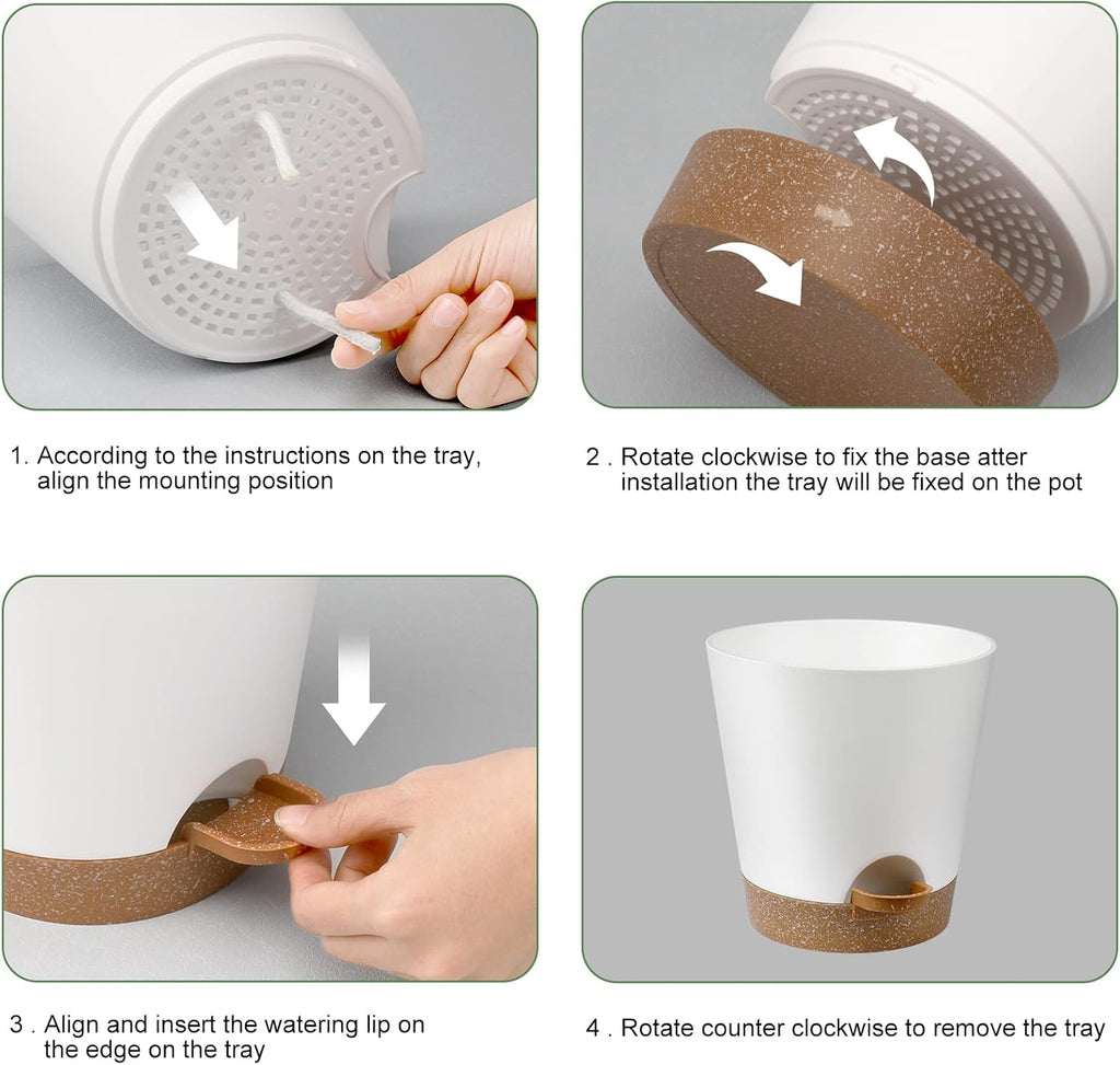 Indoor Self Watering Planters with Drainage Holes and Saucers, 8, 7, 6.5, 6, 5.5, 5 Inches, White, 6 Pots