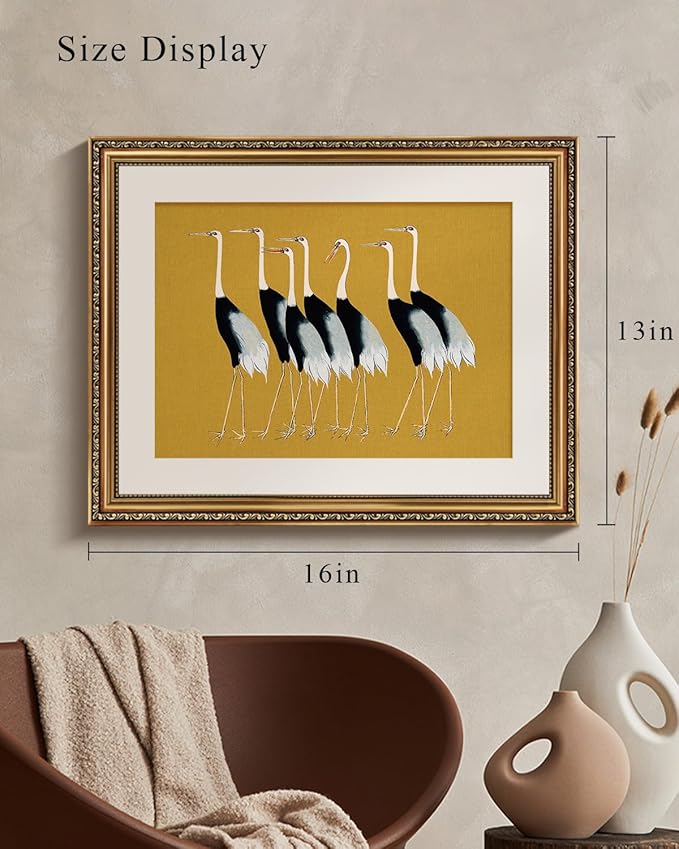VIYYIEA Gold Framed Wall Art Canvas Print Home Decor, Vintage Cranes Wall Art for Living Room, Vintage Animal Oil Painting Picture, Print Framed Home Decor, Bathroom Wall Decor Seven Cranes 16x20in