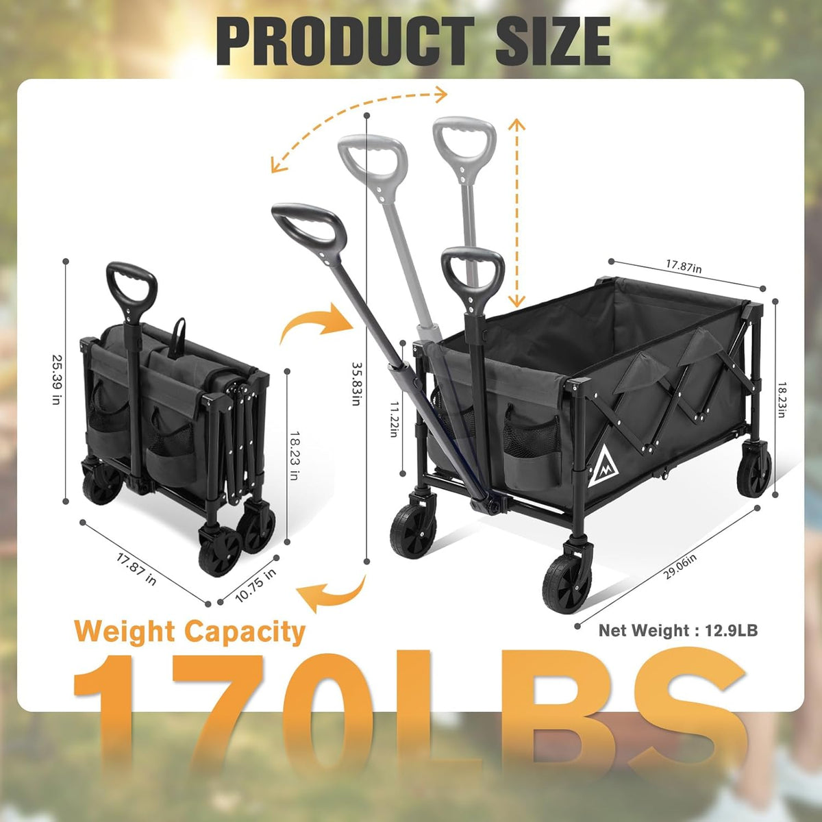 Wagon Cart Shopping Foldable Folding Collapsible with Wheels Big On Beach Garden Outdoor Grocery Heavy Duty Utility All Terrain Portable Wagons Carts for Groceries Sand Camping Sports Black