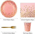 Sveikie160 Pcs Pink And Gold Paper Plates, Birthday Cake Party Plates And Napkins, Wedding Disposable Utensils For Birthday Graduation Wedding And Holiday Celebrations Serves 40 (Pink)