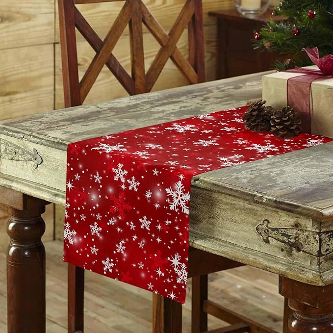 Christmas Snowflakes Cotton Linen Table Runner for Dining Kitchen, Red Xmas Winter Snow Wedding Outdoor Party Tablerunners Decoration, New Year Dresser Scarf Coffee Tablecloth Runners 13x48 Inches