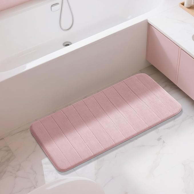 Yimobra Long Bath Mat 44"x24", Super Soft Quick Dry Memory Foam Bathroom Rug, Water Absorbent, Non Slip Backing Machine Washable for Tub Shower, Thick Comfort Support, Pink