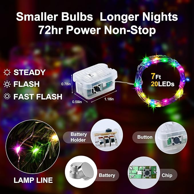 Aogist 24 Pack Fairy Lights 3 Modes 7ft 20 LED Waterproof,Battery Operated Silver Wire Firefly Starry Moon Mini String Lights for Mason Jars Christmas DIY Crafts Wedding Party Bedroom,Multicolor