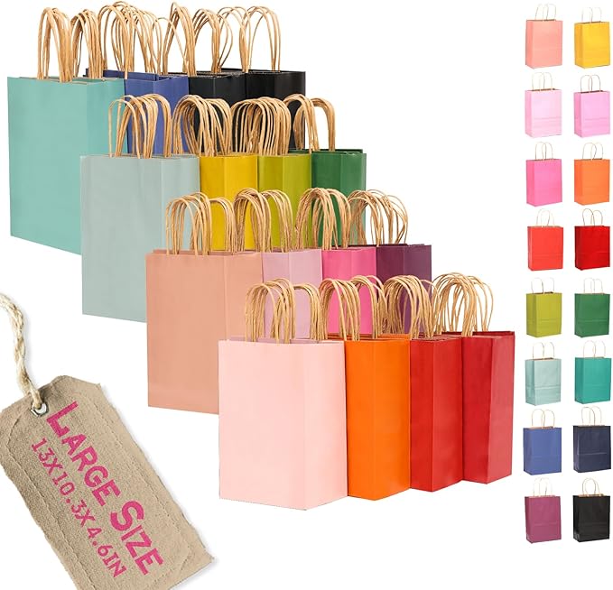 qiqee 100Pcs Large Size Paper Gift Bags with Handles -13"x10.3"x4.6" Kraft Small Party Bags - 16 Solid Colors