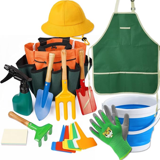 Kidz Gardening Tool Set – Gardening Tools Kit Includes Shovel, Rake, Fork Trowel, Children'z Garden Kit with Sun Hat, Apron, Gloves, Tote Bag, Sprayer and Bucket, Outdoor Play Toyz Gift for Kidz