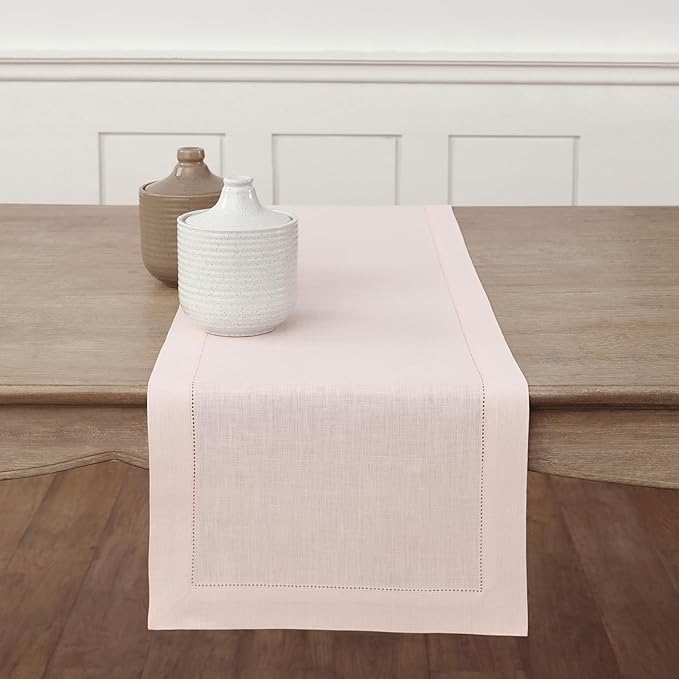 Solino Home Linen Pink Table Runner 132 Inches Long - 100% Pure Linen Extra Long Table Runner 14 x 132 Inch for Halloween - Classic Hemstitch