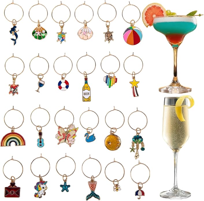24Pcs Wine Glass Charms & Markers - Reusable Identifier Tags for Stem Glasses - Funny Non-Scratch Charms for Summer Beach, Christmas & Wine Party