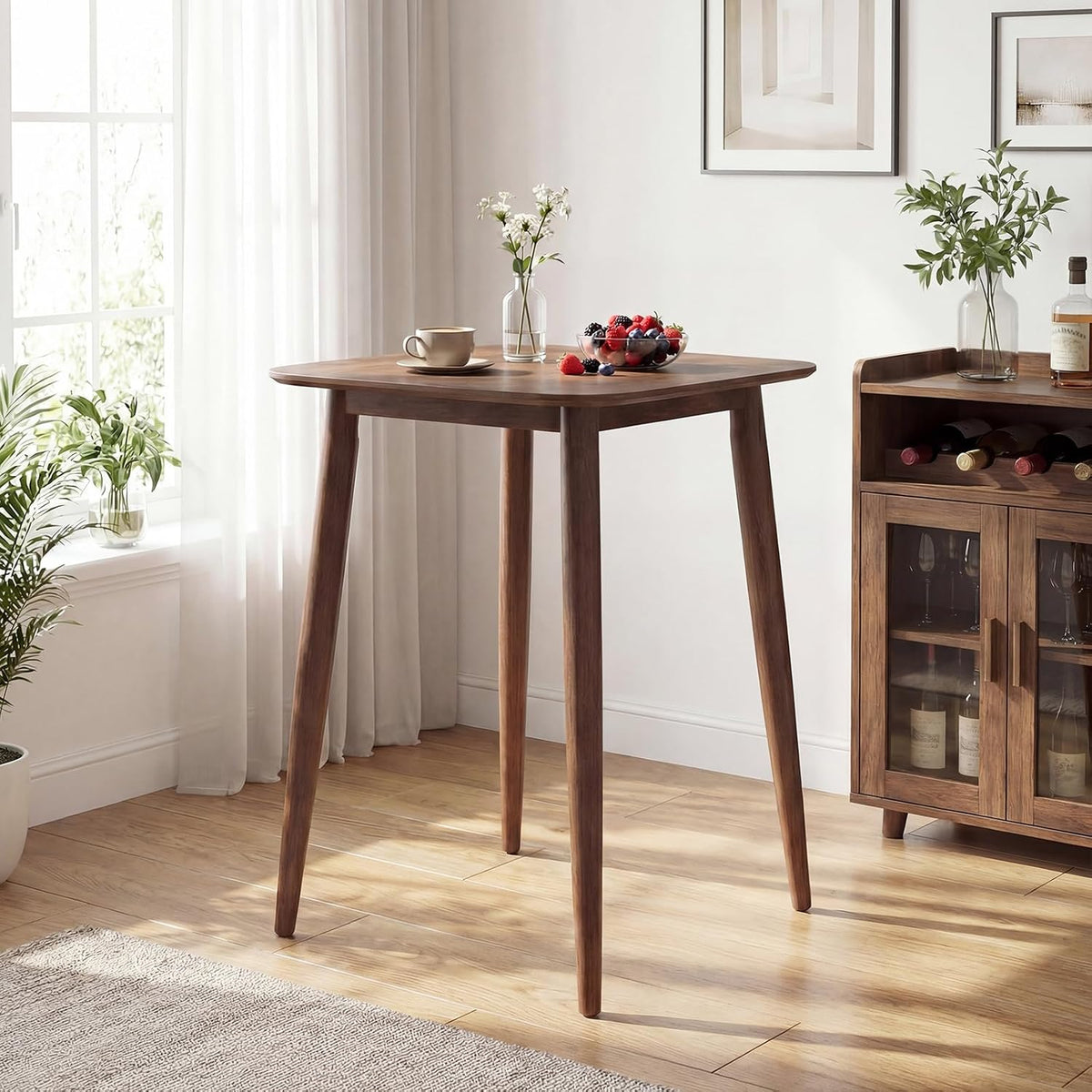 COSTWAY 36 Inch Counter Height Dining Table, Solid Rubber Wood Farmhouse Kitchen Table with Sturdy Pedestal Base, Walnut Finish