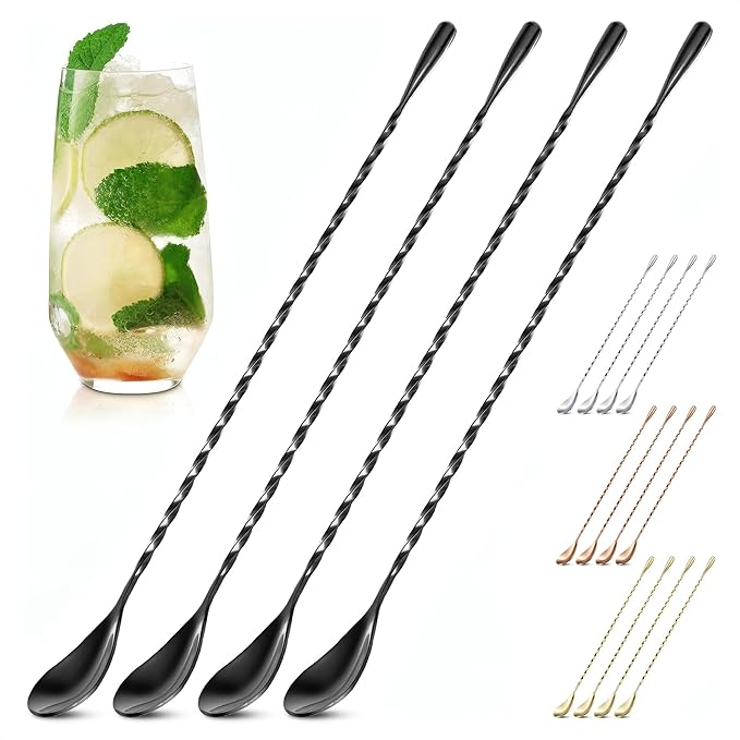 4 Pcs Bar Spoon Cocktail Mixing Spoon Set – 12" Stainless Steel with Twisted Spiral Handle Stirring Spoons, Good for Cocktails, Iced Tea, & Drink Mixing Lovers | Caviar Spoons