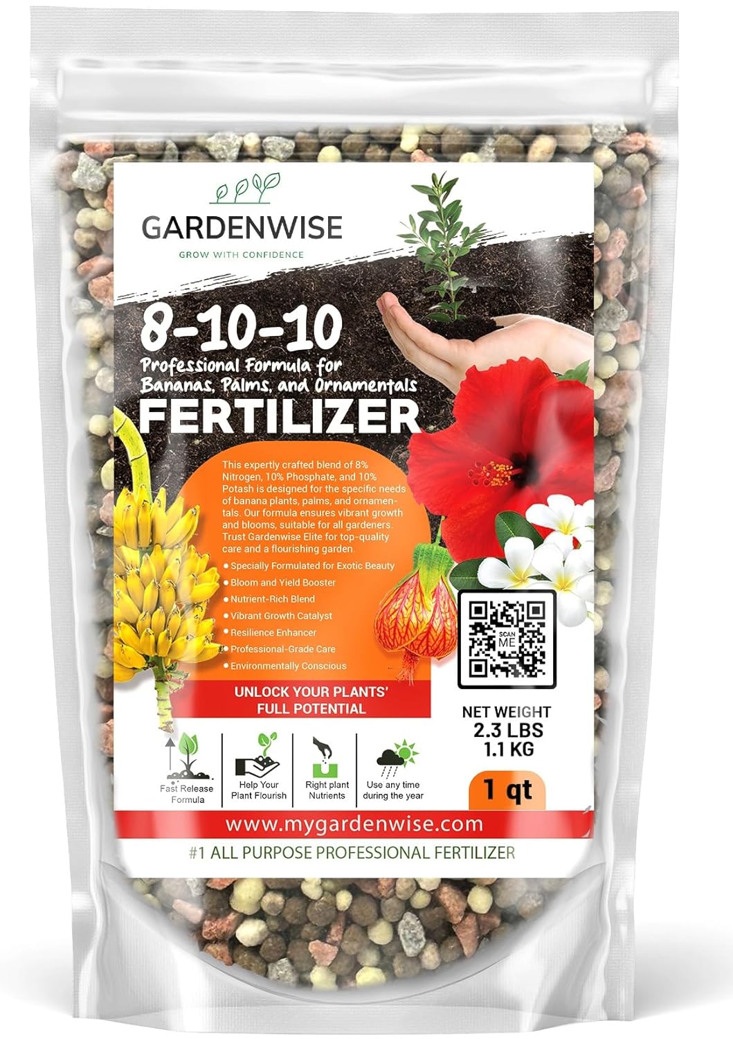 Elite 8-10-10 Professional Fertilizer for Banana, Flowering, and Fruit Trees, Ornamentals - Boosts Flowering & Fruiting - for Indoor & Outdoor Plants (1 Quart)