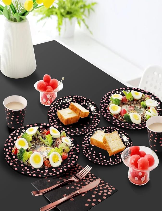 141 Pieces Black and Rose Gold Party Supplies, Party Dinnerware Sets Include Paper Plates Napkins Cups Silverware, for Wedding Bridal Shower Engagement Birthday Parties Decoration -20 Serves