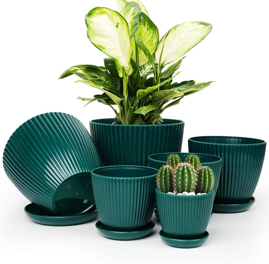 Plant Pots Indoor with Saucers & Drainage - 6 Pack Flower Pots - Plastic Planters for Indoor Planter - 7.5/6.6/5.8/5.0/4.3/3.5 inches Sizes for All Different Types of Plants-Dark Green