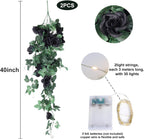 RECUTMS Hanging Flowers Black Artificial Rose Flower 2PCS 3.3Ft for Outdoors with 30 LED Fairy String Lights Fake Indoor Wall Wedding (Black)