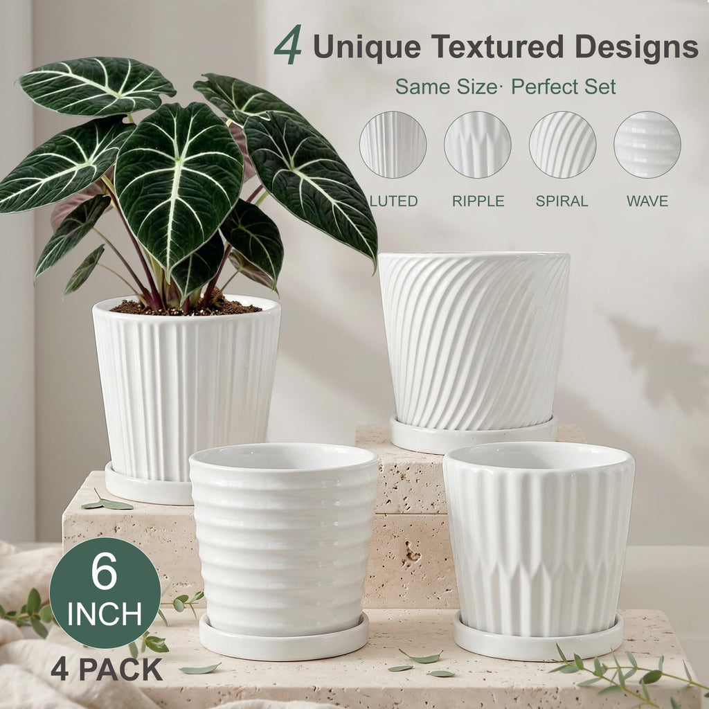 White 6 Inch Flower Pots for Plants,Ceramic Planter with Drainage Holes