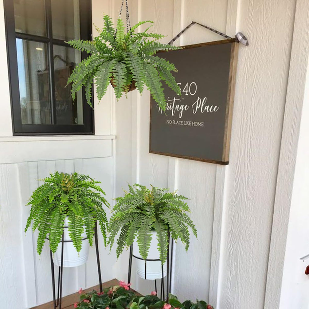Fake Hanging Plants Large Boston Fern Artificial Plants Outdoor Realistic Fake Ferns with Palm Basket Silk Plants Ferns Hanging Plant Artificial Decor for Home Front Porch Window Garden - Dusty Green