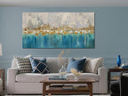 Arjun Teal Gold Abstract Wall Art Blue Turquoise Hand Painted Textured Painting Canvas Modern Grey Artwork Wooden Framed Large Size for Living Room Bedroom Bathroom Home Office Wall Decor, 48"x24"
