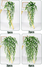 SJL 4pcs Fake Hanging Plants Realistic Artificial Outdoor Flowers Hanging Greenery Artificial Ivy Vine Leaves Faux Green Plastic Plants Greenery Flowers Green Leaf Decor for Wall Home (White)