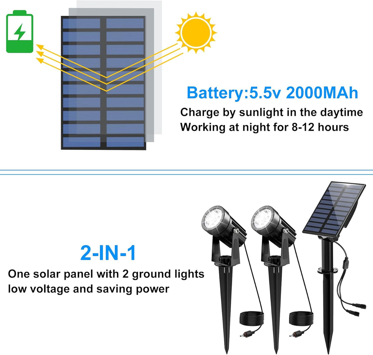 Solar Spot Lights Outdoor, 2-in-1 Solar Landscape Spotlights IP65 Waterproof 9.8ft Cable,Auto On/Off Outdoor Wall Lights for Garden Yard Driveway Porch Walkway Pool(6000K White)