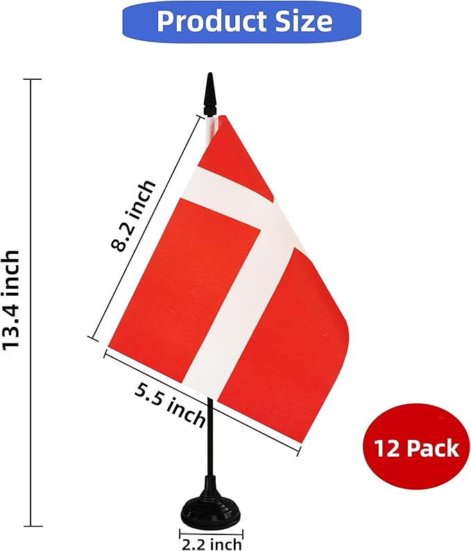Denmark Desk Flag, 12 Pack Danish Table Office Flag with Black Solid Pole and Stand Base, International Country Flag, Festival Celebration, Classroom Meeting Desktop Decor (Denmark)