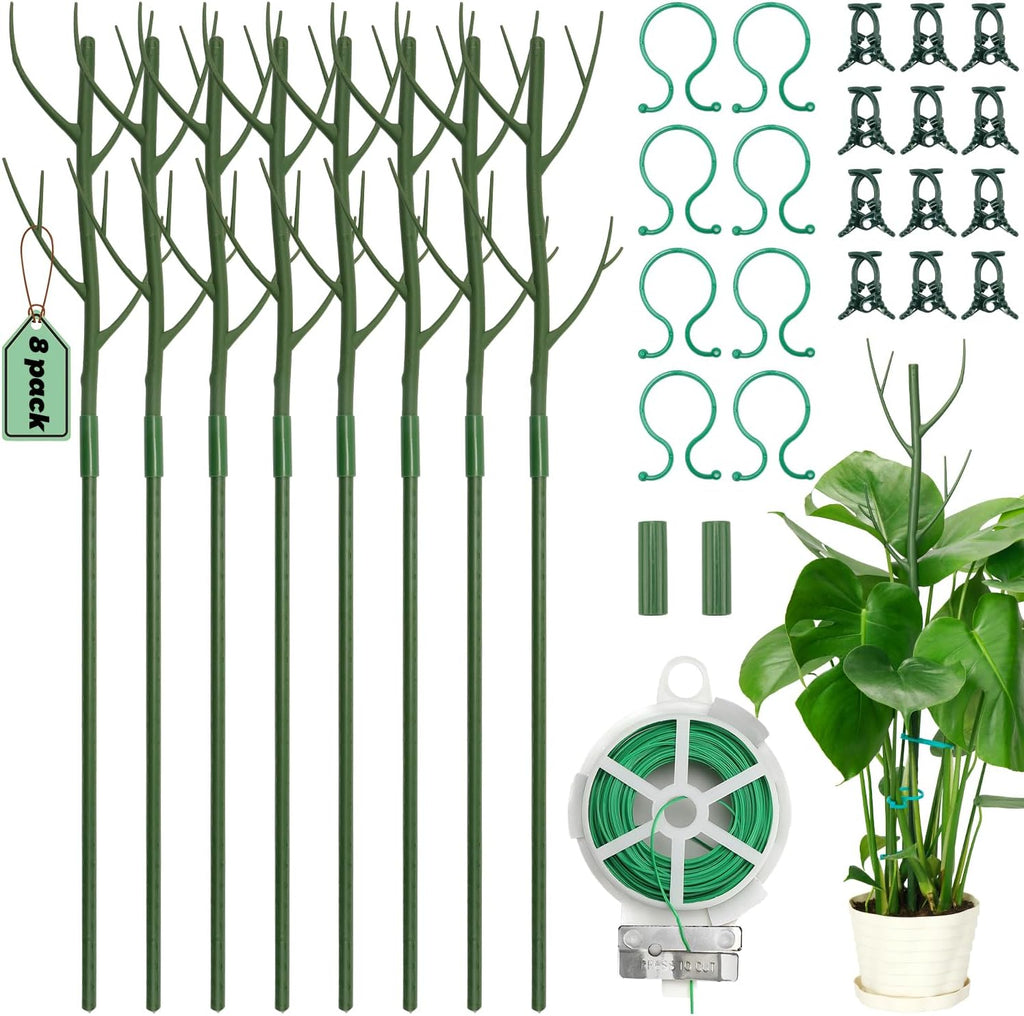 8 Pack Monstera Plant Support Stakes, 27.5inch Detachable Twig Plant Support Stakes with 12 Orchid Clips, 8 Twist Clips 65ft Twist Ties - Ideal Plant Stakes for Indoor Outdoor Plants