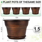 10 Inch Planters Plant Pots Indoor Outdoor, 4 Pack Plastic Flower Pot for Indoor Plants with Drainage Holes & Trays, Resin Decorative Container Sets with Saucer for House Garden Copper
