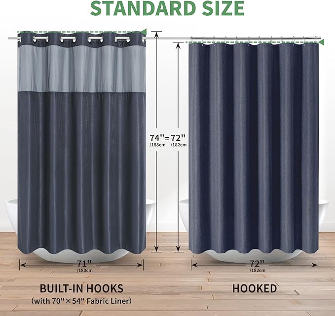 Navy No Hook Shower Curtain with Snap-in Fabric Liner Set,Waffle Weave Shower Curtains for Bathroom,Hotel Luxury Decor Bathroom Curtain Set,Waterproof & Washable,71Wx74H