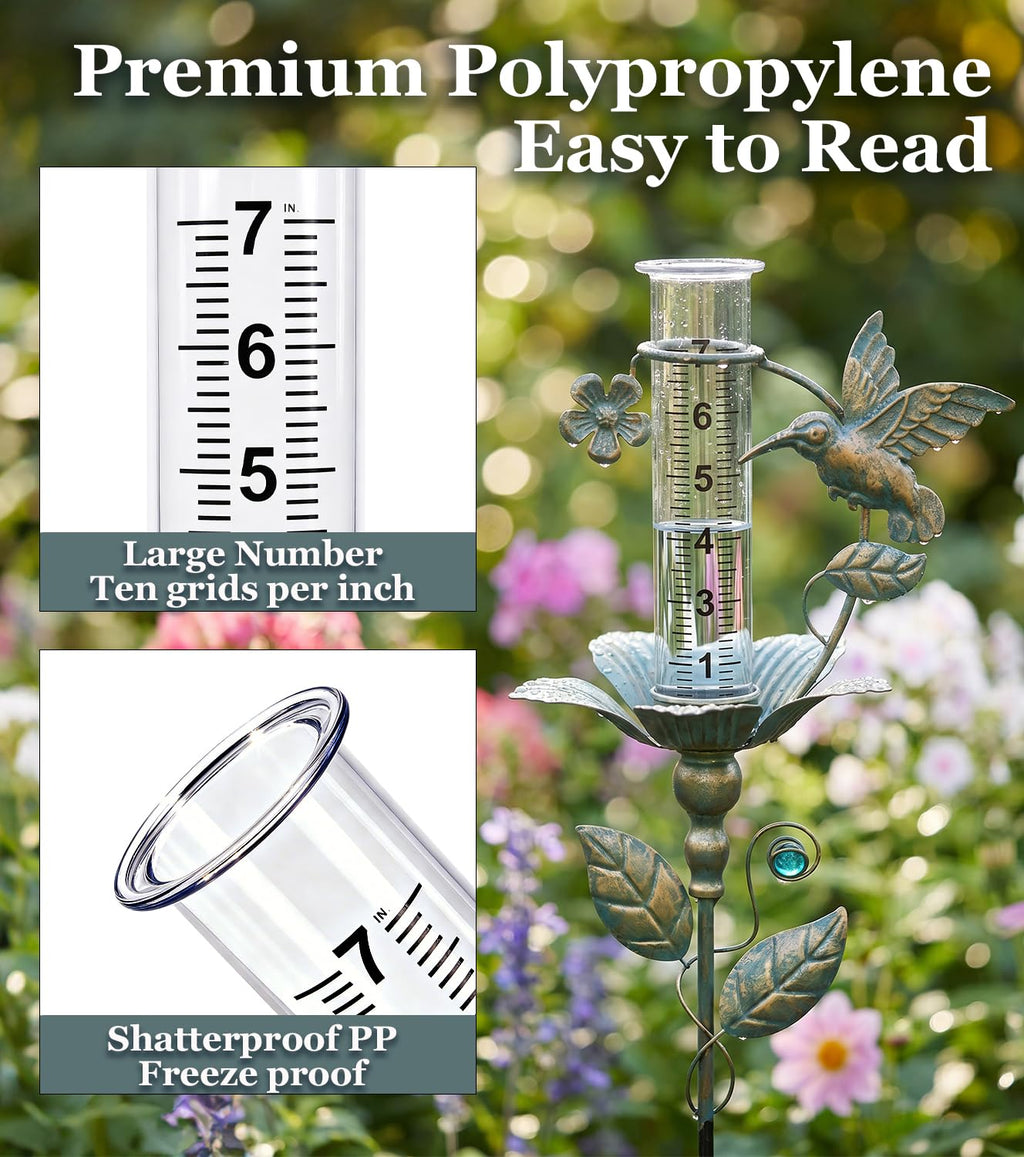 shumi Rain Gauge Outdoor, 7" Hummingbird Rain Gauge for Garden Decor