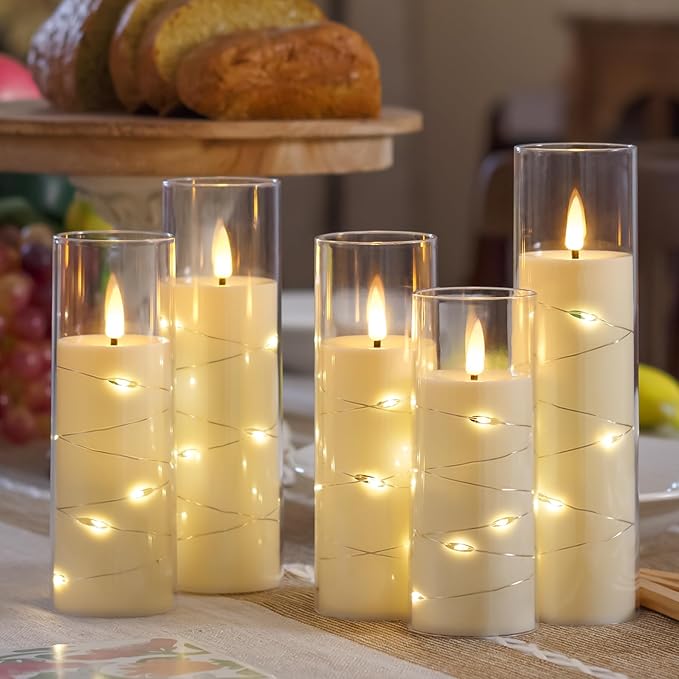 Ivory Flameless Candles with Remote and String Light, 2.2"x 5",5",6",7",7",8" LED Battery Operated Plastic Flickering Timer Pillar Candles(Pack of 6,Turn On/Off String Light Mode)