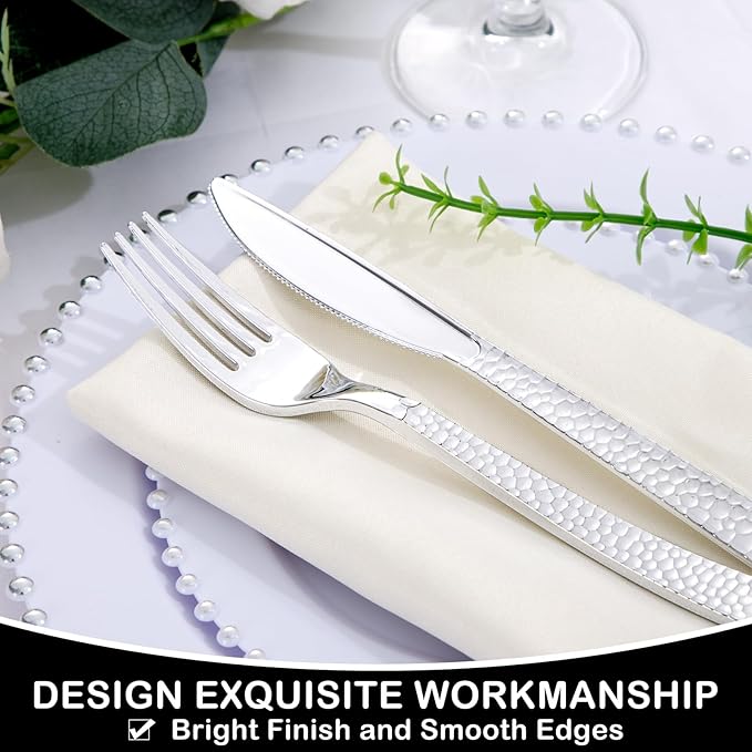 Supernal 180 pieces Silver Plastic Silverware, Disposable Plastic Silverware Heavy Duty, Silver Disposable Cutlery Sets Include 60 Forks, 60 Knives and 60 Spoons Suitable for Birthday, Party, Wedding