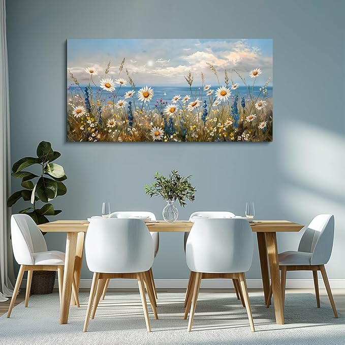 Wapluam Large Canvas Wall Art for Living Room Blue Ocean Wall Decor For Bedroom Bathroom Decoration Natural Seascape Painting Modern Office Wildflowers Artwork Pictures Home Decor Ready To Hang