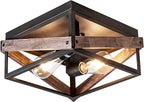 MAYNA 2-Light Rustic Ceiling Light Fixture, Farmhouse Flush Mount Ceiling Light, Metal and Wood Square Ceiling Lamp for Hallway Living Room Farmhouse, Antique Bronze Finish