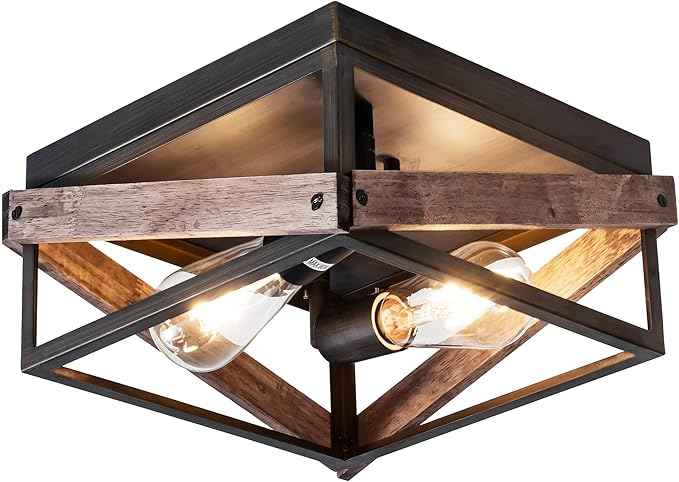 MAYNA 2-Light Rustic Ceiling Light Fixture, Farmhouse Flush Mount Ceiling Light, Metal and Wood Square Ceiling Lamp for Hallway Living Room Farmhouse, Antique Bronze Finish
