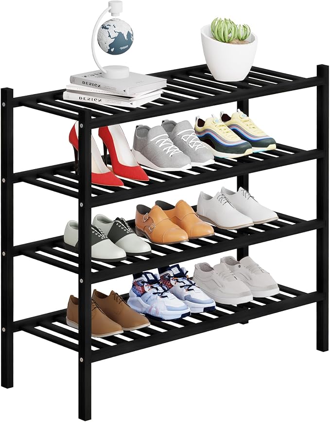 4 Tier Bamboo Shoe Rack Storage Organizer for Closet, Multifunctional Stackable Free Standing Shoe Shelf Organizer for Small Space,Entryway, Hallway, Bathroom27 x11 x26(Black, 4 Tier)