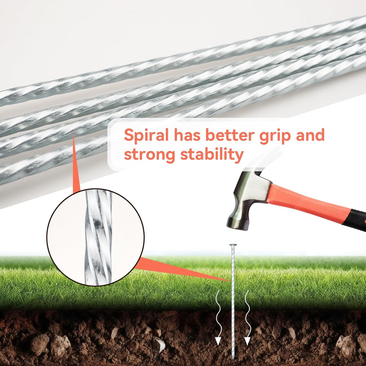 8" Heavy Duty Spiral Landscape Spikes - Solid Galvanized Metal Garden Stakes for Fixing Paver Edging, Weed Barriers, Artificial Turf, Tent and More (200 Pack)