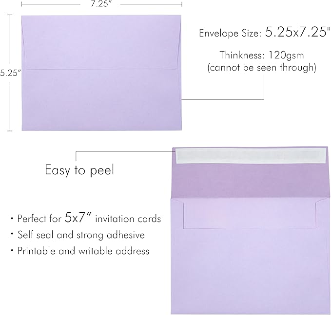 PONATIA 50 Pieces 5x7 Envelopes, Lilac A7 Envelopes Self Seal for Weddings, Invitation Cards, Photos, Postcards, Greeting Cards Mailing, Baby Shower, Graduation, Christmas Gift Cards