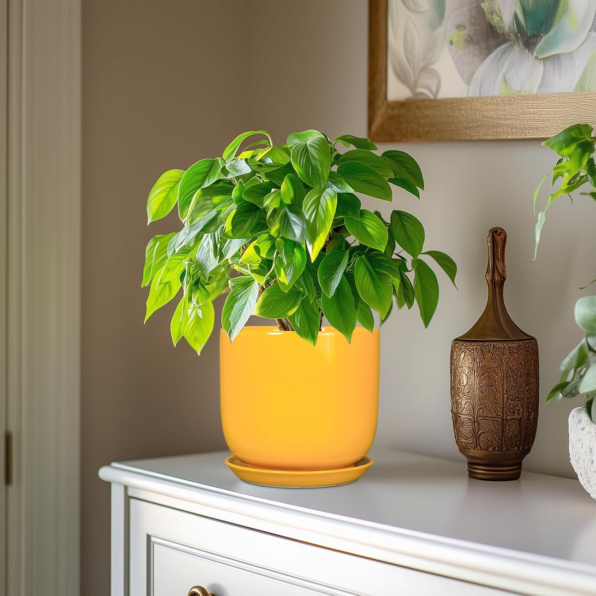 Indoor Plant Pot - 7 Inch Modern Round Ceramic Planter for Indoor Outdoor Plants with Drainage Hole and Saucer, Home Garden Office House Decor, Yellow