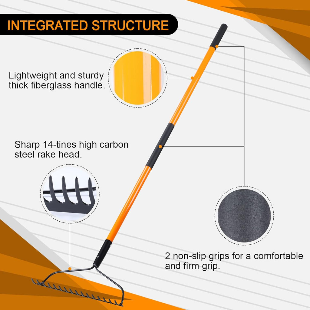 VNIMTI Garden Rake for Gardening, Heavy Duty Garden Rake for Lawns, 14 Tines Bow Rake with Fiberglass Handle, 58 Inches