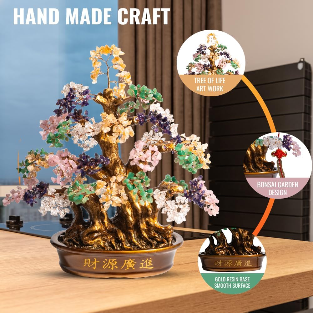 Natural Bonsai Feng Shui Money Tree, 18'', Includes Lucky Coins Chain, Tree of Life (1300 Gemstone Count), Good Luck and Wealth