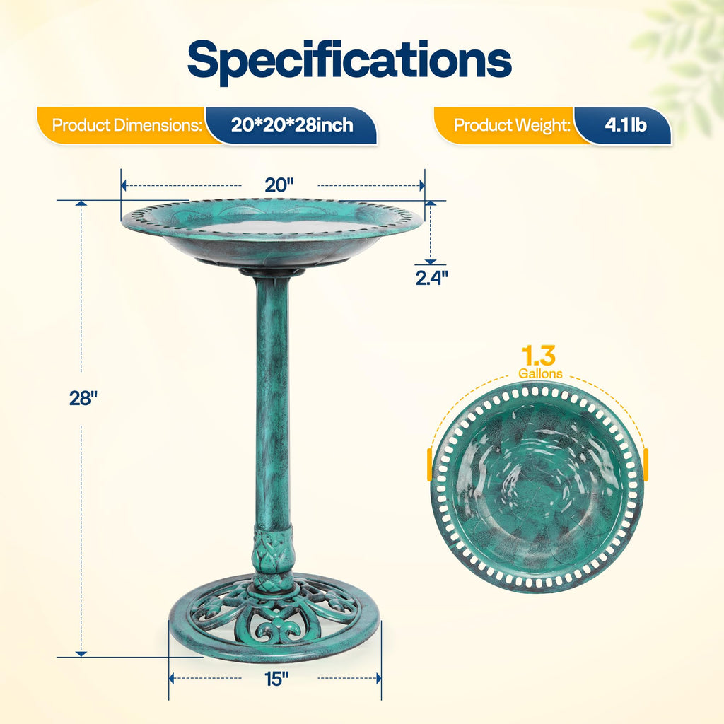 VIVOHOME Bird Bath for Outside, Polyresin Pedestal Birdbath, Green
