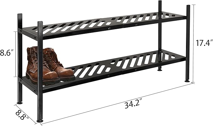 Shoe Rack - Metal Shoe Organizer 2 Tier Shoes Shelf Storage, 35 Inches Stackable Long Show Stand Holder for Closet, Entryway, Garage, Floor, Door Entrance, Black
