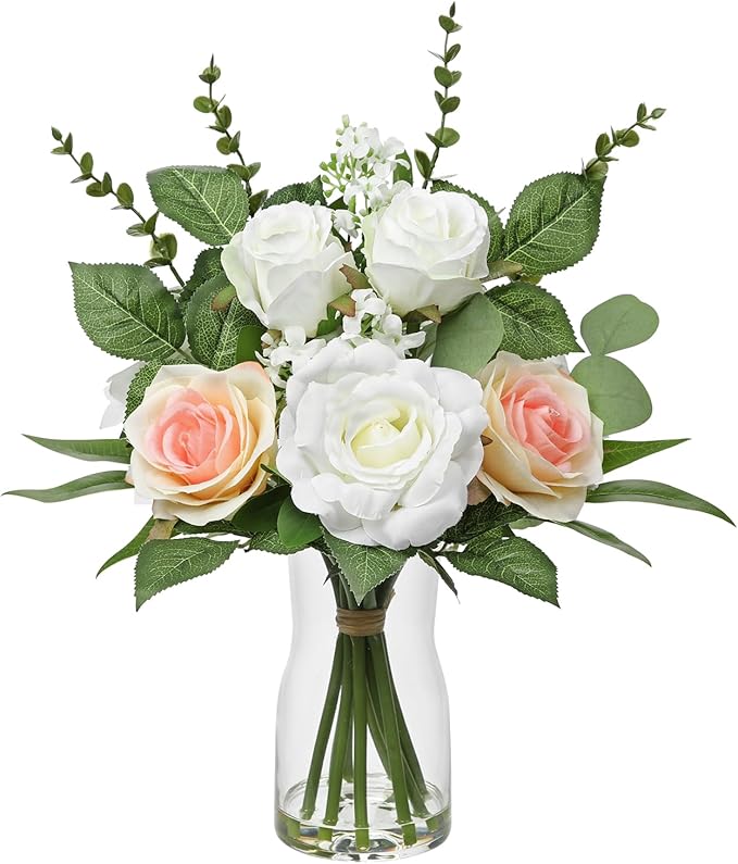 Hollyone Faux Flowers in Vase Artificial Silk Rose Flowers with Faux Eucalyptus Plants Arrangement with Vase Rose Flowers Bouquets Table Centerpieces Decorations Living Room Office Bathroom Home Decor