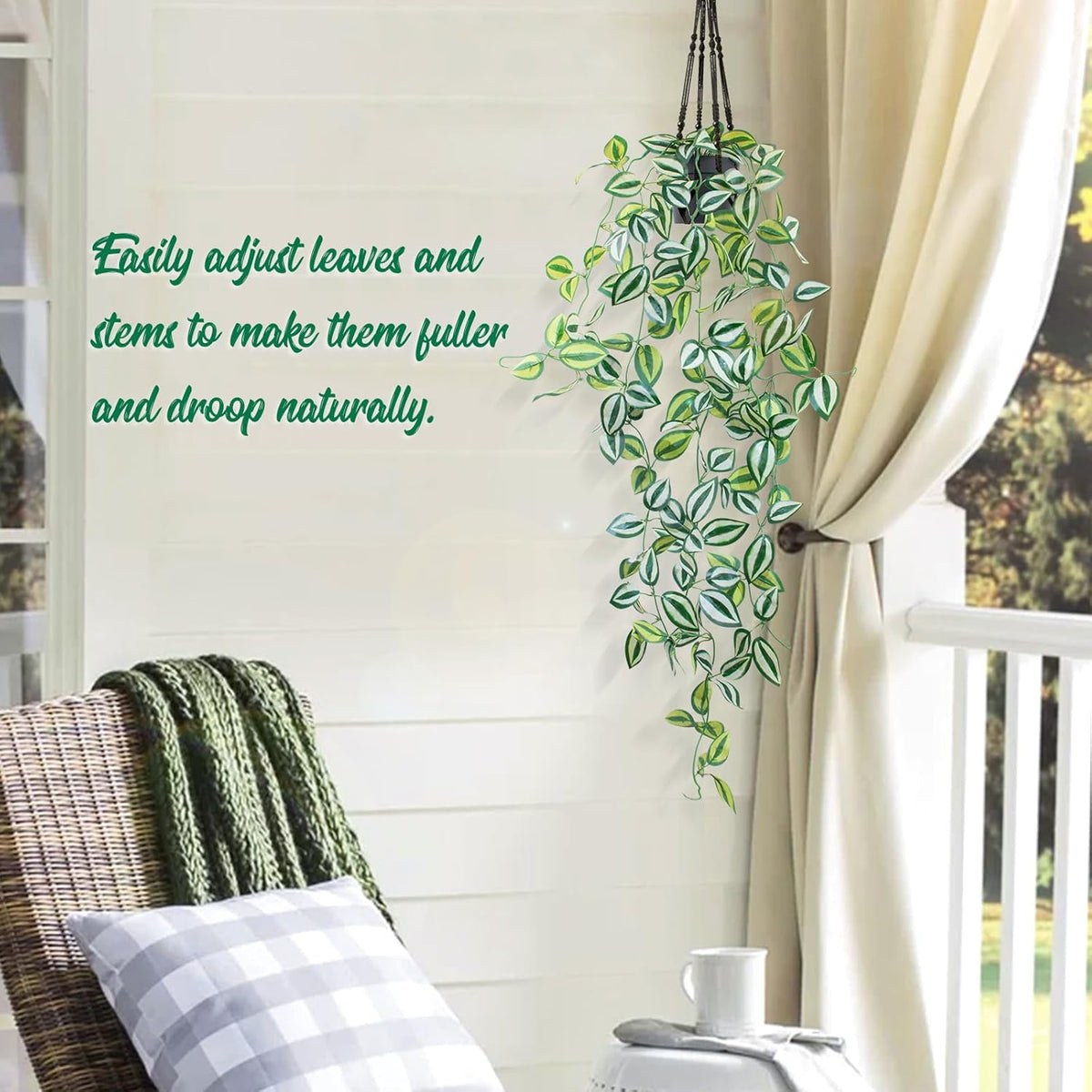 LOYWREE 2 Pack Fake Hanging Plants - Small Potted Plants with Green Eyebrow-Leaf Trailing Vines, Indoor Outdoor Aesthetic Decor for Office, Living Room Shelf & Home Accent (Black Pot)